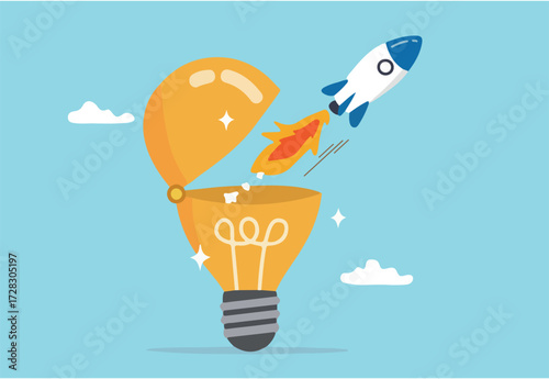 Innovation to launch new idea, entrepreneurship or startup, creativity to begin business or breakthrough idea concept, innovative rocket launch flying high from opening bright lightbulb idea