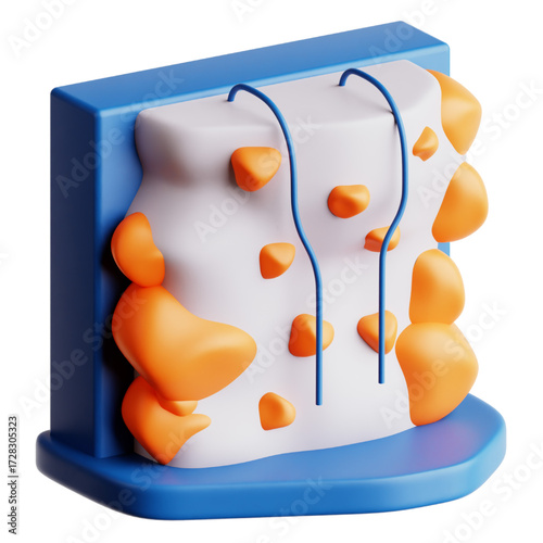 A 3D illustration of a miniature rock climbing wall with orange holds and blue ropes.