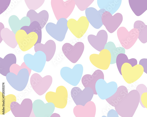 パステルカラーのハートが散りばめられた、甘く優しいベクター背景イラスト。