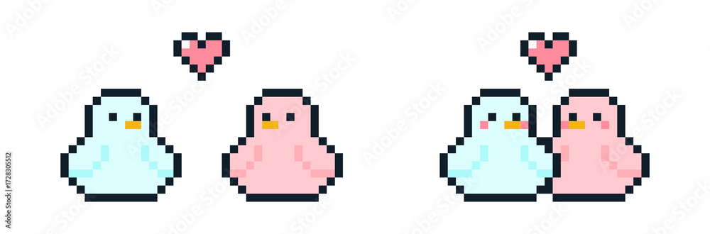 Fototapeta premium 8-bit pixel art pink blue couple birds stick close to each other