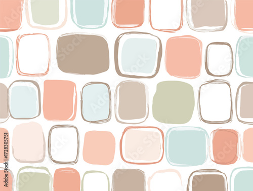 柔らかな色合いの丸みを帯びた四角形がリズミカルに配置された、温かみのある抽象的な背景デザイン。