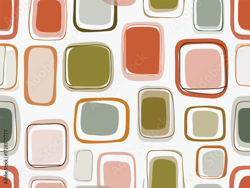 レトロな幾何学模様のシームレスパターン、ヴィンテージ風の温かみのある色合いと柔らかな輪郭が特徴です。