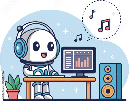 Cute robot DJ creating music at computer desk