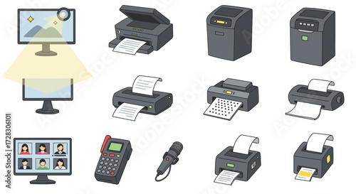 A collection of twelve electronic devices including monitors printers a pointofsale device and a microphone