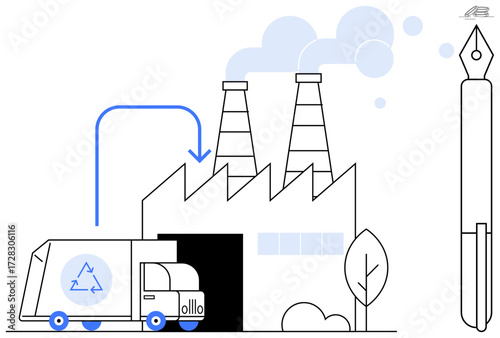 Recycling truck unloading at factory with smokestacks emitting light smoke. Includes pen illustration, trees, and arrows highlighting recycling and sustainability themes. Ideal for environment, waste
