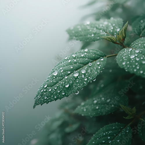 Delicate dewdrops on lush green leaves reflect light, creating a serene atmosphere in a misty morning, blending into a hazy, dreamy backdrop.