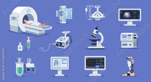 A collection of twelve flatdesign medical and scientific devices on a blue background