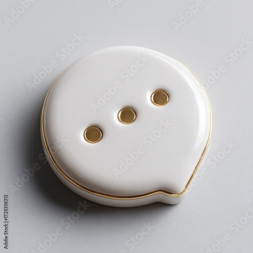 A delicate, white ceramic speech bubble, adorned with three gold accents, sits elegantly against a muted backdrop.