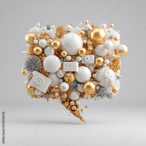 A stylized, three-dimensional speech bubble, brimming with a multitude of white and gold spheres, studded with icons.