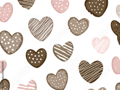 様々な模様と色合いのハートが散りばめられた、可愛らしいバレンタインデーのシームレスパターン