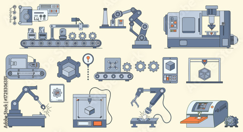 A seamless pattern of flatdesign illustrations depicting industrial automation and manufacturing technology