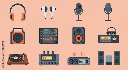 Collection of 12 flatdesign audio equipment icons on a peach background