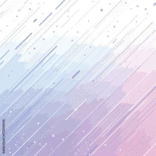 淡いパステルカラーの背景に降り注ぐ雨粒のような線と点、抽象的なデザイン