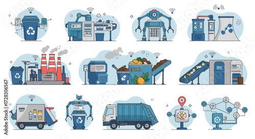 Collection of 12 icons illustrating smart waste management and recycling technologies
