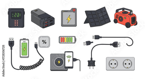 Collection of power banks chargers cables solar panels and electrical outlets