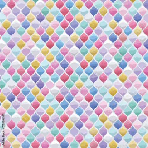 パステルカラーの幾何学模様が連なる、夢のようなテクスチャ背景