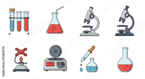 Eight stylized icons of laboratory equipment arranged in two rows