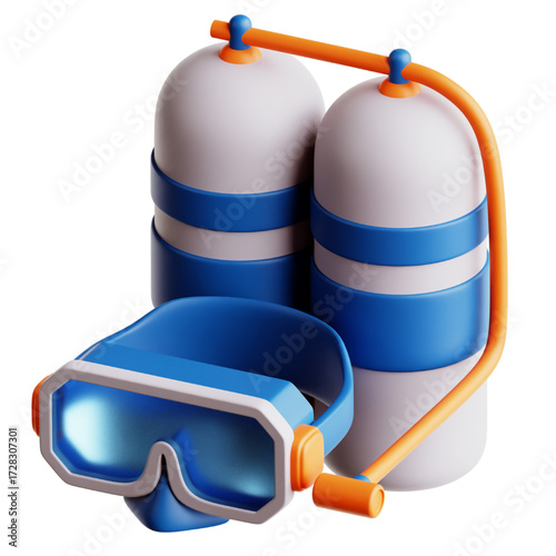 A 3D illustration of scuba diving gear, including two air tanks, a mask, and a hose, presented against a white background.