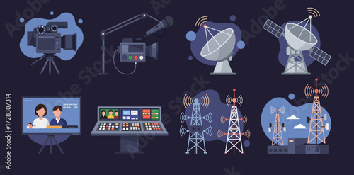 Flat design icons illustrating video production broadcasting and telecommunication equipment