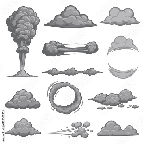 Explosive cartoon smoke clouds. Manga-style dark smoke puffs and swirling clouds, bomb explosions, dust and vapor steam, fire blast effects, and car exhaust. Vector isolated set.