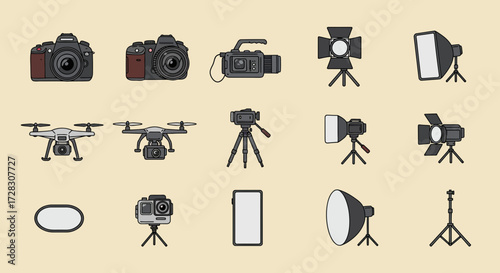Illustration of various camera drone lighting and support equipment on a beige background