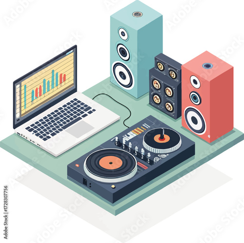 Isometric DJ setup with laptop, turntable, and speakers