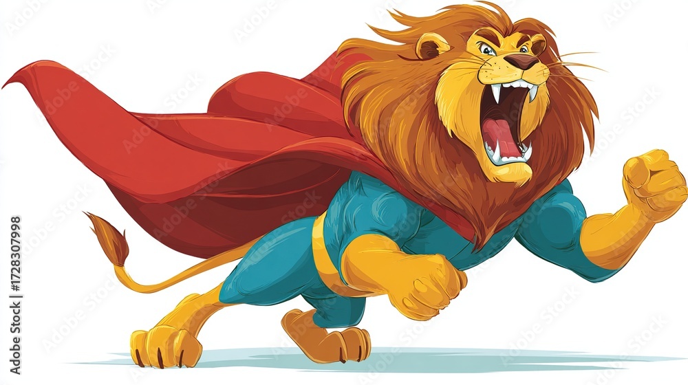 Obraz premium Cartoon lion superhero in flight, roaring, with red cape