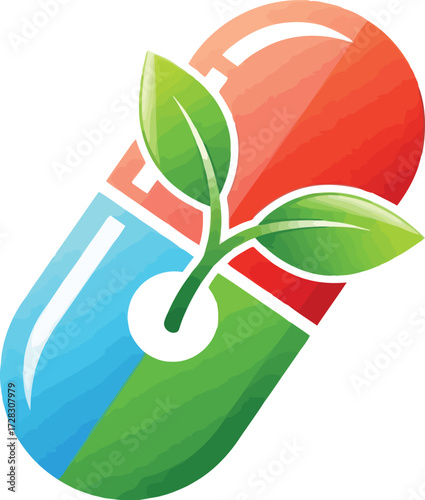Vector illustration of herbal medicine capsule with plant, promoting natural remedies and holistic health practices for wellness