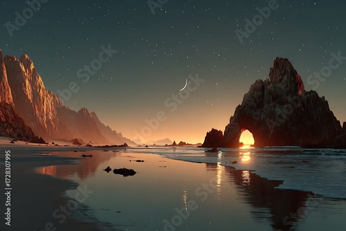 Coastal rock formations under crescent moon and starry sky beach ocean