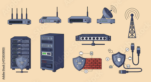 Network hardware security icons cables and telecommunication equipment collection
