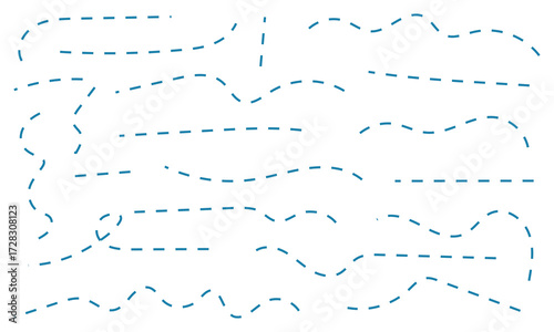 Hand drawn curve dotted line. Curly dotted line. Long dashed hand drawn squiggle. Dotted spiral curve line.