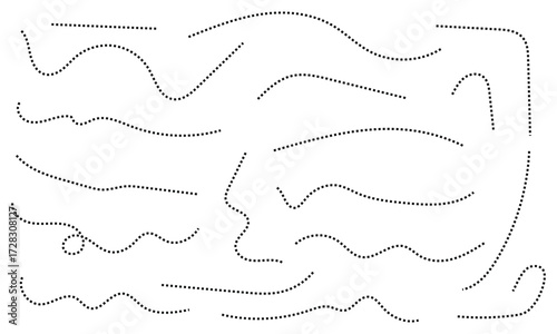 Hand drawn curve dotted line, Spiral dotted line hand drawn, Dotted lines path on white background. Path travel dotted line trip dashed trace destination track plan and silhouette, travelling symbol. 