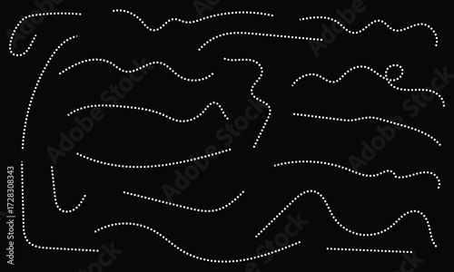 Hand drawn squiggle line. Trip dashed trace destination track path line collection. Long dashed spiral wavy line. Curve dotted line. Eps 10.