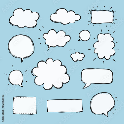 様々な形の吹き出しと雲のベクターイラスト、コミュニケーションやアイデアの表現に最適