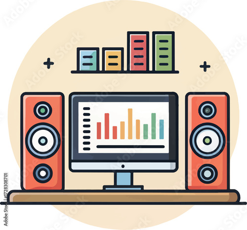 Music studio setup with computer monitor and speakers illustration