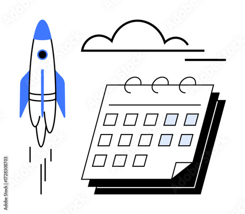 Rocket taking off beside calendar with cloud representing scheduling, goal-setting, innovation, productivity, planning, strategy, and technology. Ideal for startups, deadlines growth futuristic
