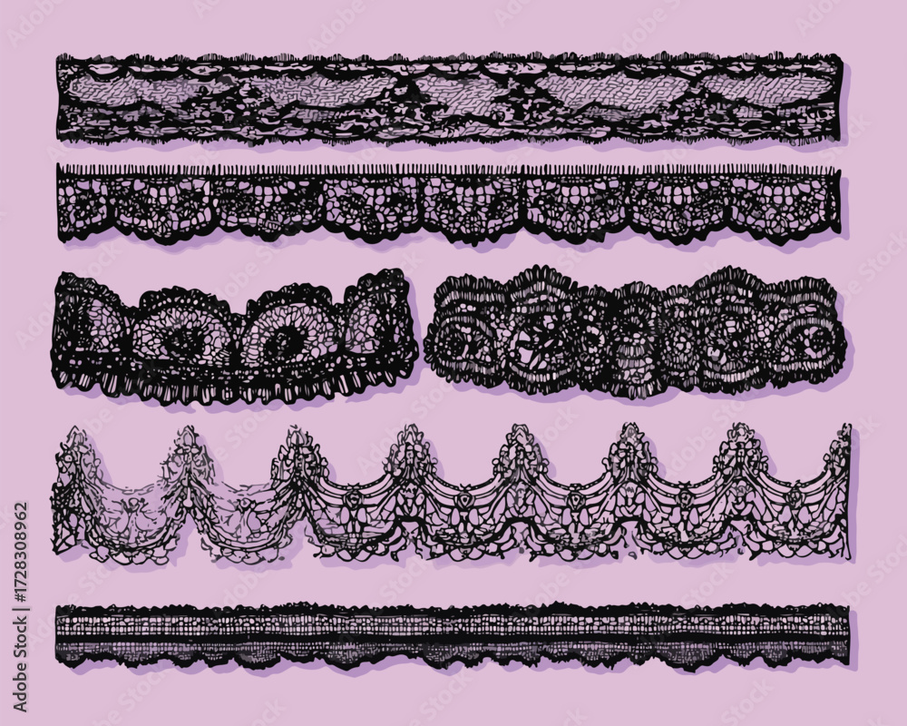 Fototapeta premium 繊細な黒いレースの装飾的なボーダーデザインのベクターイラストコレクション