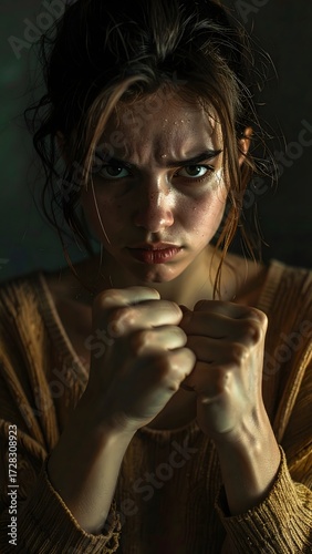 Sad Woman Clenching Fists Portrait