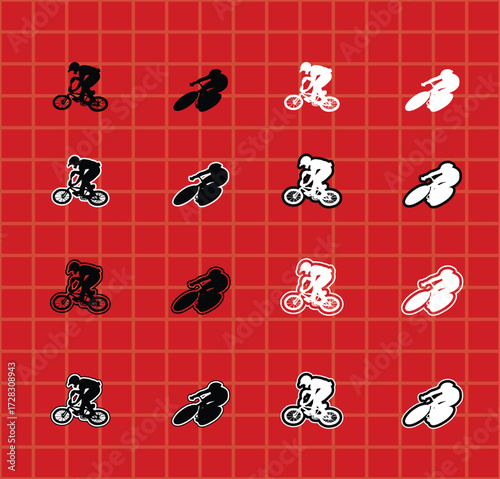 BMX Flatland Athlete Icons for Sport Design set of black silhouettes of a male athlete performing various BMX flatland tricks, including spinning, balancing, and handlebar stunts