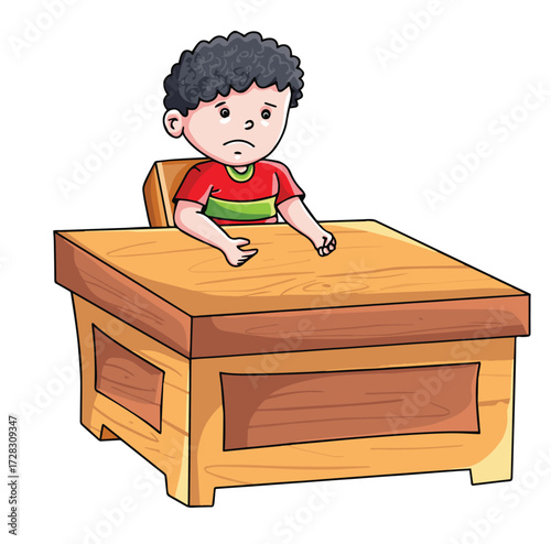Cute cartoon hand drawn vector  little boy sitting table clipart.