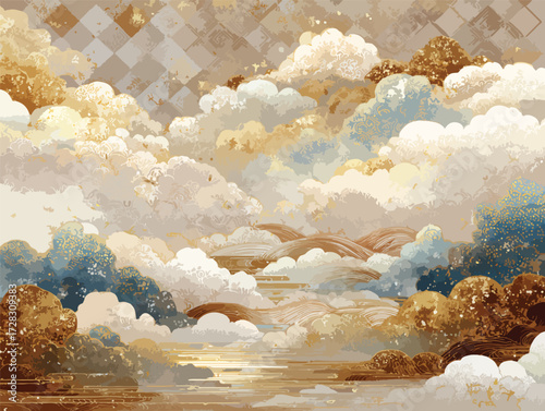 幻想的な雲海に浮かぶ金色の風景、日本の伝統的な美しさを表現したベクターアート