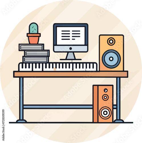 Home music studio desk with computer, speakers, and MIDI keyboard – modern digital audio production workspace