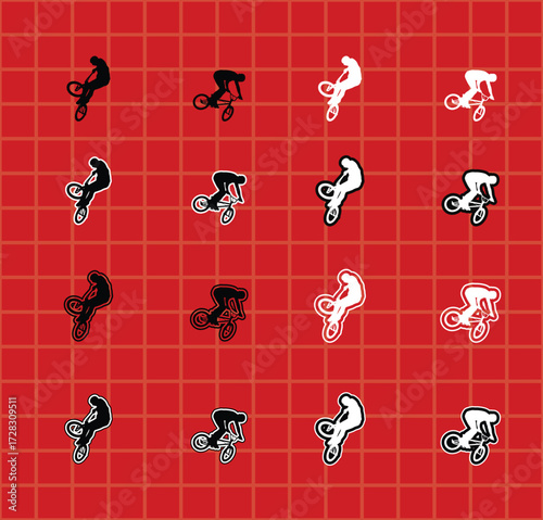 BMX Flatland Athlete Icons for Sport Design set of black silhouettes of a male athlete performing various BMX flatland tricks, including spinning, balancing, and handlebar stunts