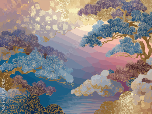 幻想的な松と雲の風景、水彩画のような色彩と金色の装飾が美しい和風イラスト