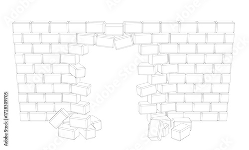 A destroyed brick wall wireframe drawing in the center. The design is composed of various sized blocks creating an intricate pattern.