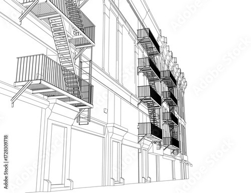 Black and white contour drawing of an urban building facade, featuring detailed fire escapes and architectural lines.