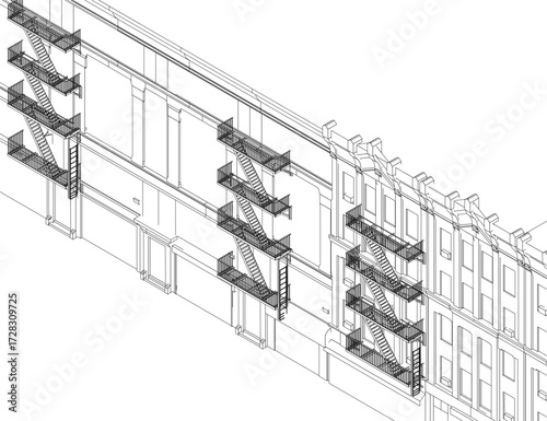 Detailed architectural drawing of a city building with prominent fire escapes, clean contour lines, and technical design elements. Isometric view