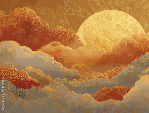 黄金の太陽が雲海を照らす幻想的な風景、神秘的な雰囲気と自然の美しさ