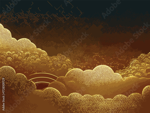 黄金の雲海に輝く太陽、幻想的な東洋風の風景ベクターアート