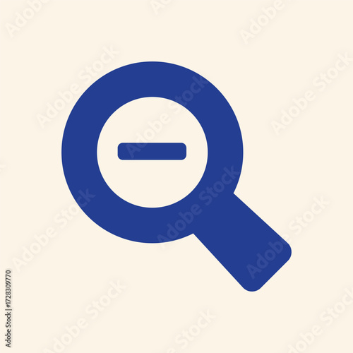 Modern blue zoom out magnifying glass icon with minus symbol on beige background for search, interface, or digital concepts